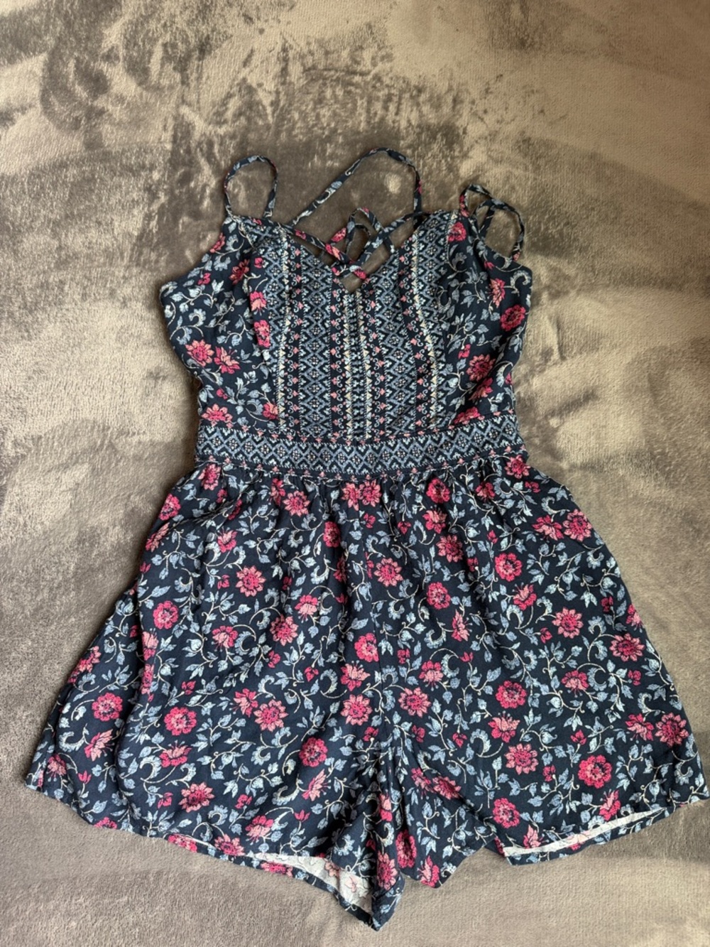 Hollister Navy Romper with Pink Floral Print